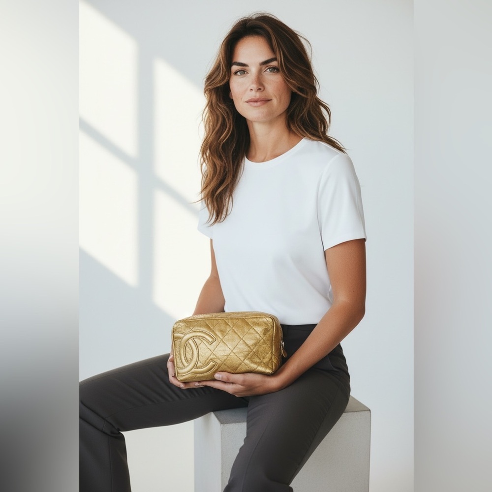 Chanel Gold Quilted Leather Cambon Ligne Toiletry CosmeticPouch Bag